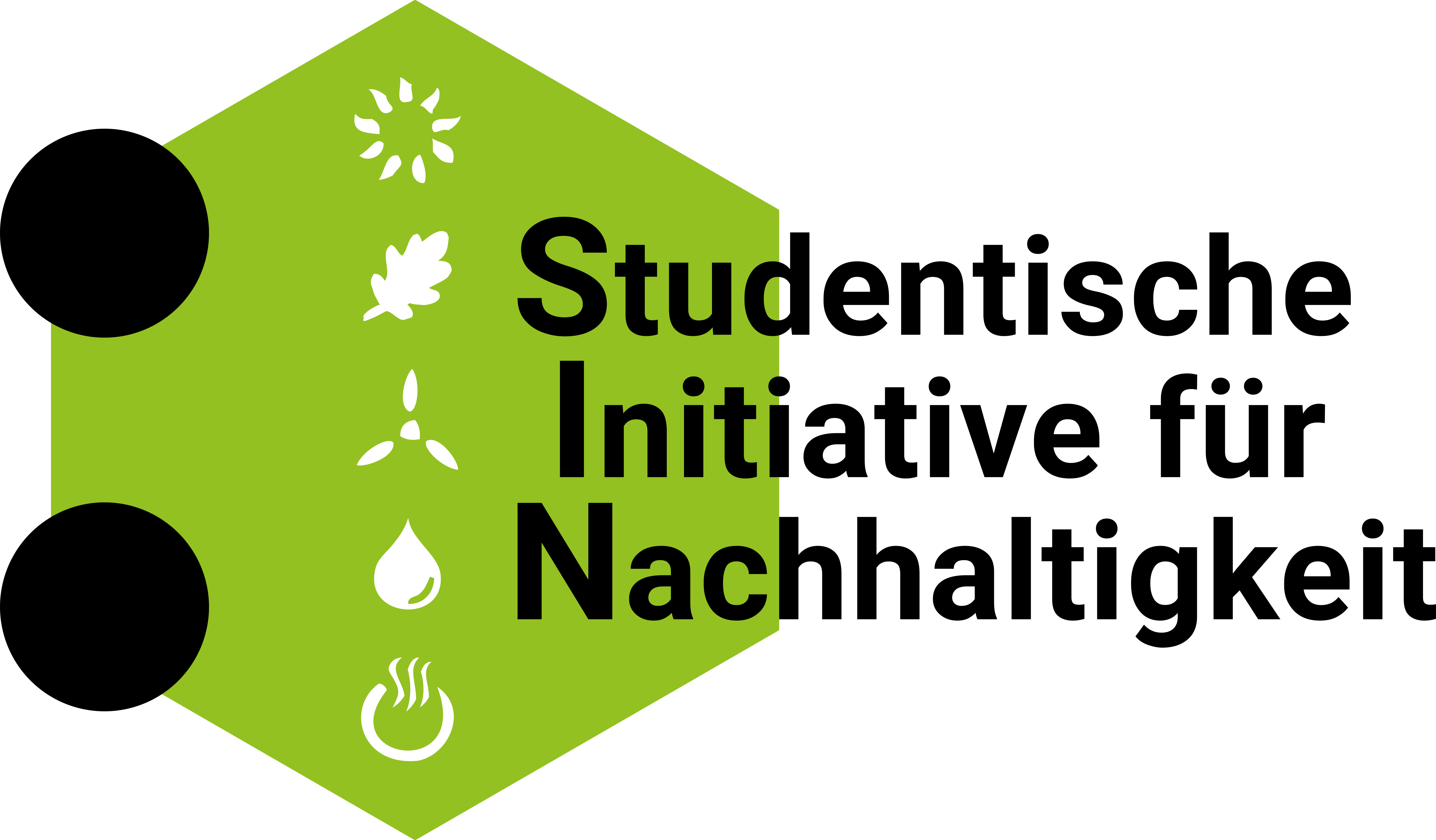 Das Logo der SIN, eine Kaulquappe mit einem sechseckigen Körper, zwei kreisförmigen schwarzen Augen und einem schwarzen Schriftzug 'Studentische Initiative für Nachhaltigkeit' als Schwanz